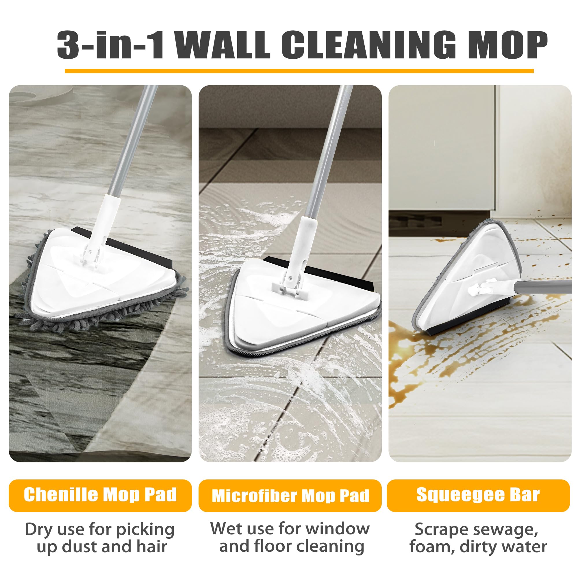 JEHONN Wall Mop with Long Handle 202 cm, Upgraded 180° Collapsible Baseboard Cleaner Tool with Squeegee, Ceiling Duster with 3 Microfiber and 3 Chenille Pads for Cleaning Window, Cabinet (Yellow)