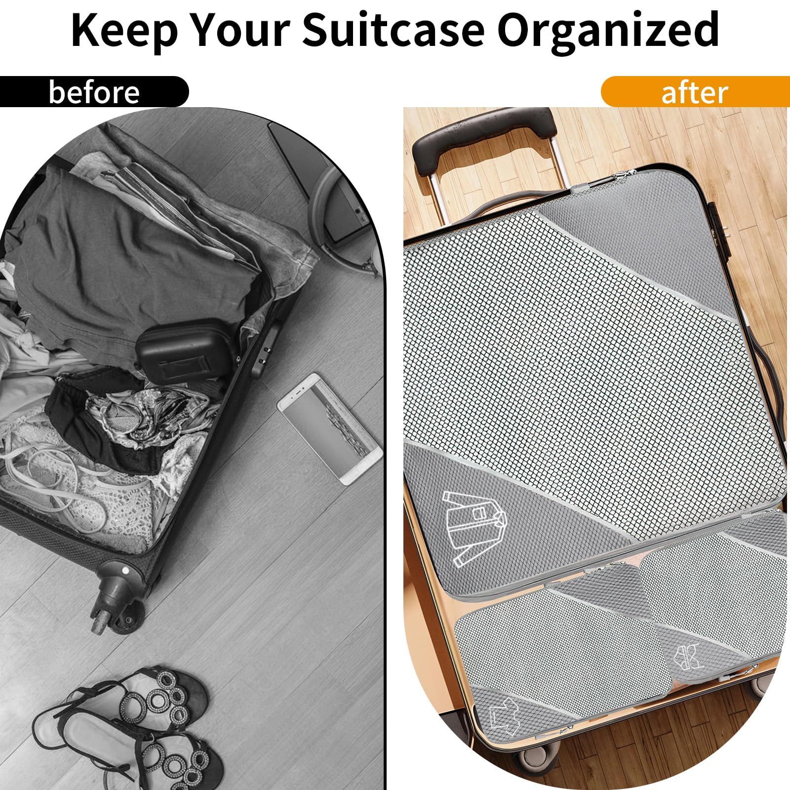 SINZUX 6 PCS Compression Packing Cubes, Black Extensible Ultralight Packing Cubes for Suitcases, Suitcase Organiser Bags Set, Travel Cubes Organiser Bags for Backpack Luggage