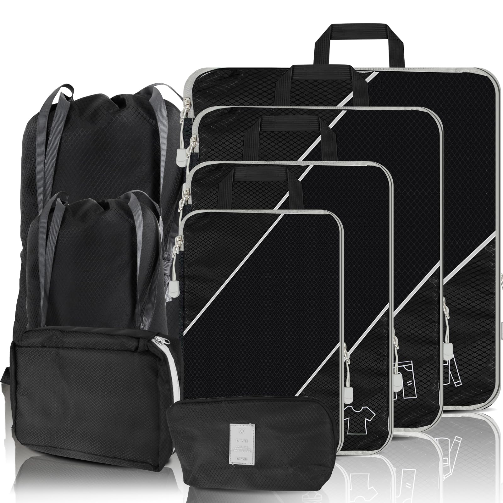 SINZUX 6 PCS Compression Packing Cubes, Black Extensible Ultralight Packing Cubes for Suitcases, Suitcase Organiser Bags Set, Travel Cubes Organiser Bags for Backpack Luggage