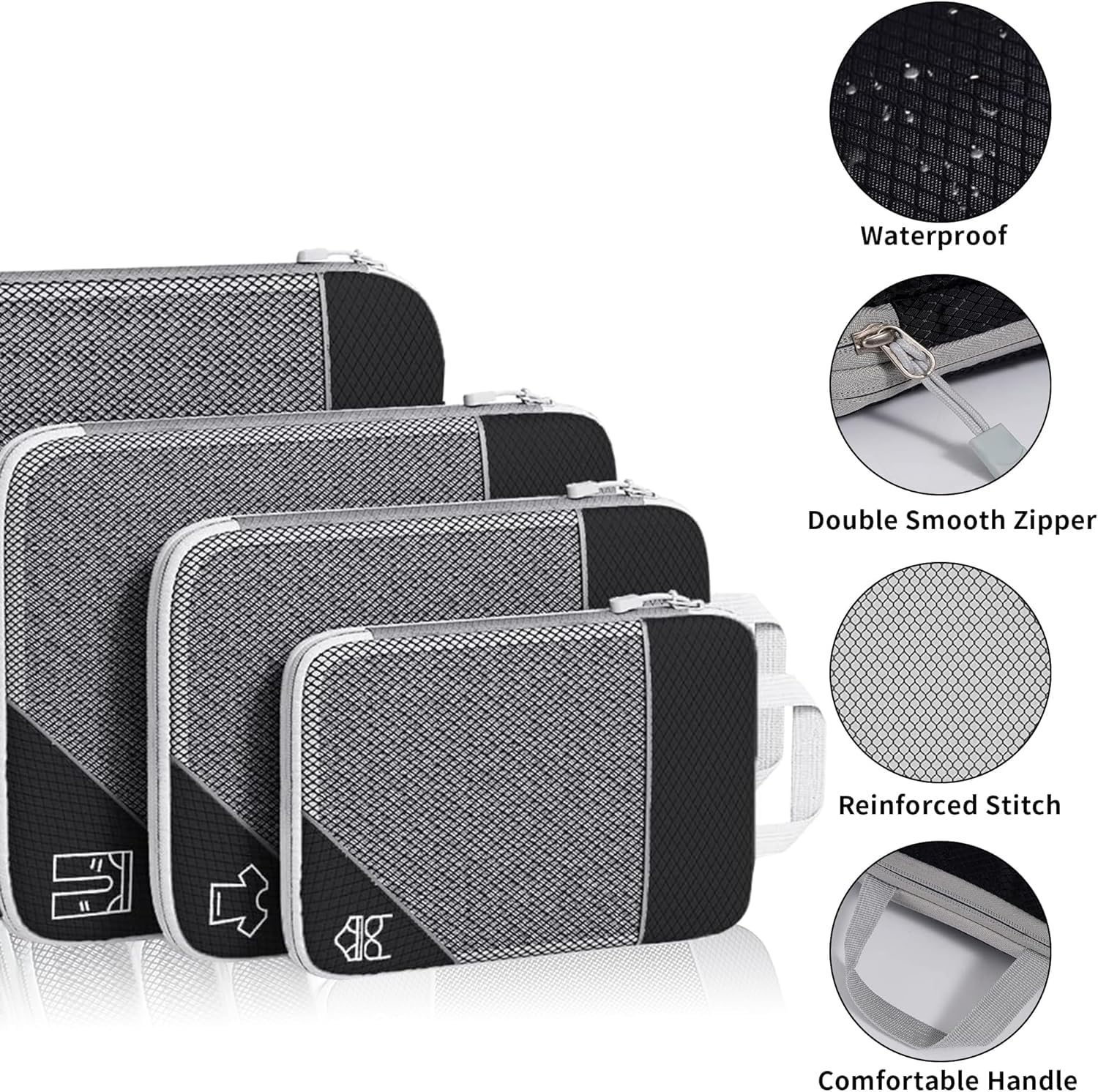 SINZUX 6 PCS Compression Packing Cubes, Black Extensible Ultralight Packing Cubes for Suitcases, Suitcase Organiser Bags Set, Travel Cubes Organiser Bags for Backpack Luggage