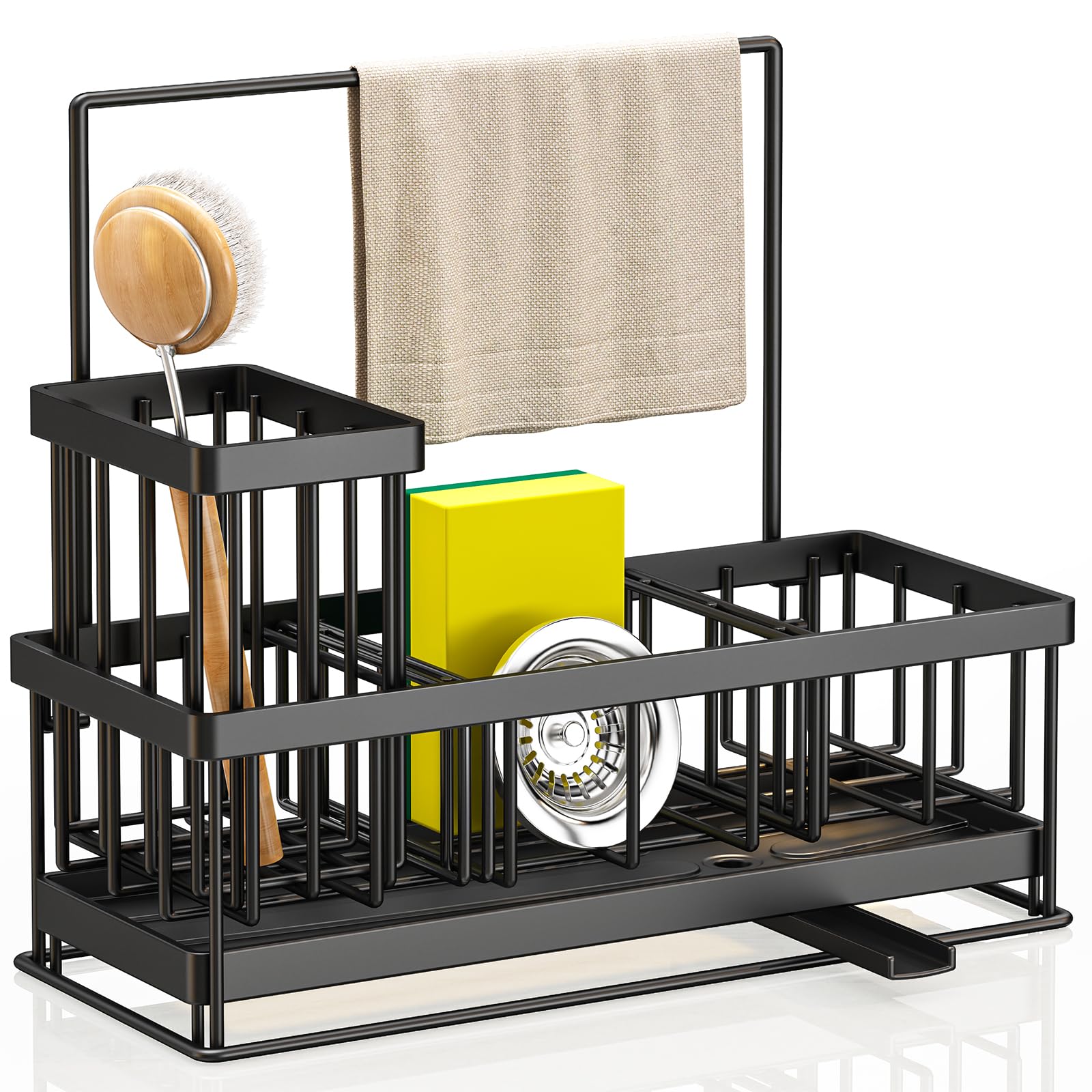 TidyTrove Kitchen Sink Caddy - Sink Tidy Organizer with Removable Sponge Holder Brush Holder, Self-Draining Tray for Countertop Kitchen Storage Organisation (Black)