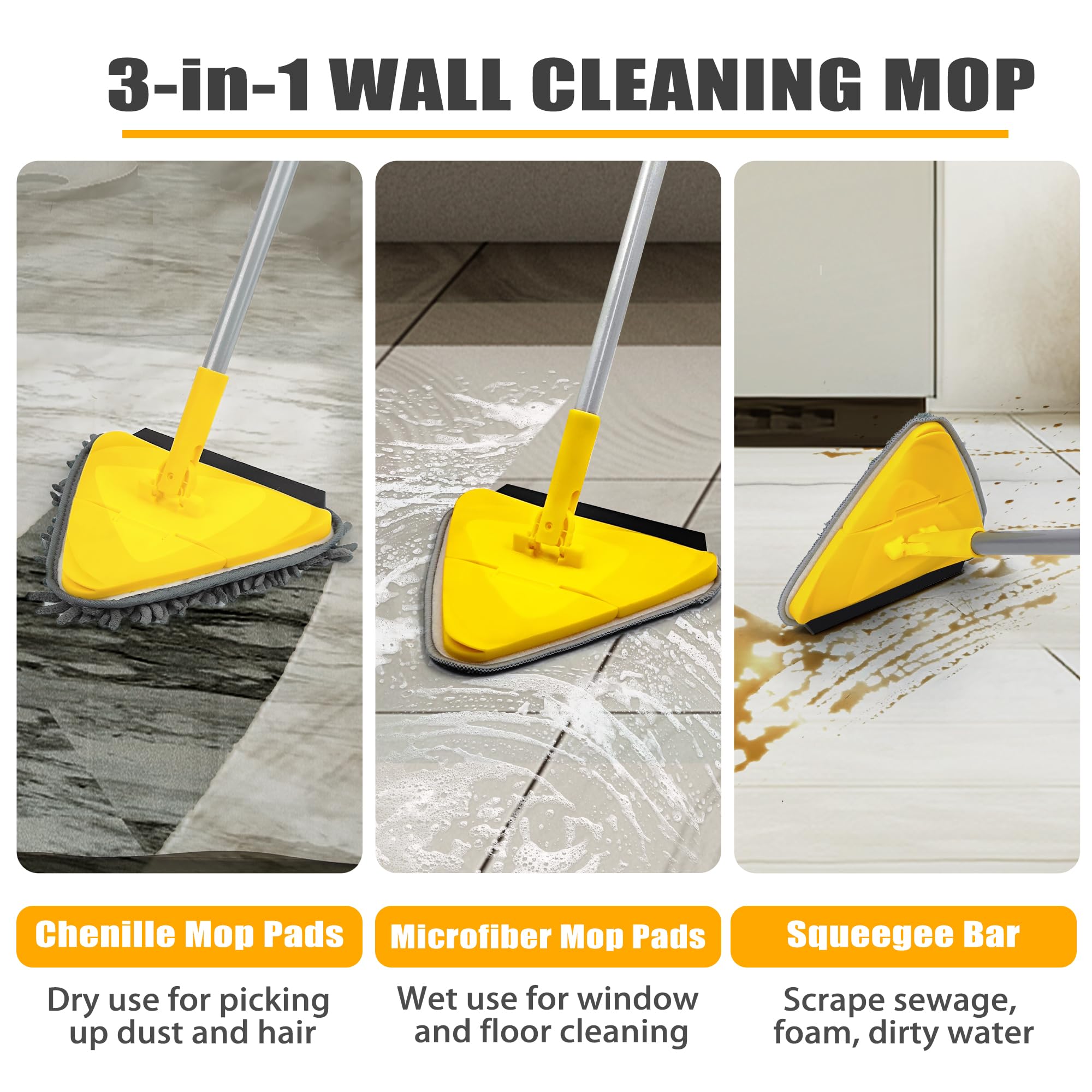 JEHONN Wall Mop with Long Handle 202 cm, Upgraded 180° Collapsible Baseboard Cleaner Tool with Squeegee, Ceiling Duster with 3 Microfiber and 3 Chenille Pads for Cleaning Window, Cabinet (Yellow)