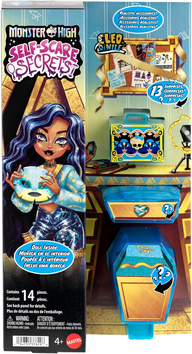 Monster High Self-Scare Secrets Cleo De Nile Doll and Accessories Set with 13 Realistic Surprises like Pottery Set and Makeup, JMG74
