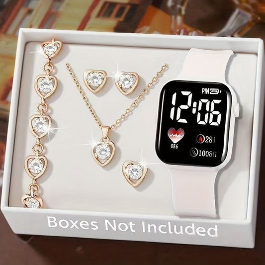 Minimalist And Compact Heart-Shaped Dial Square LED Watch Necklace Earrings Ring Set