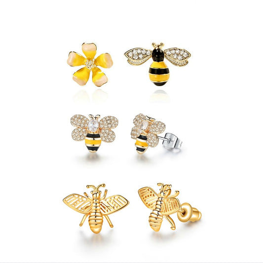 3 Styles Korean Inlaid Crystal Rhinestone Bee Earings For Women