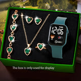 Minimalist And Compact Heart-Shaped Dial Square LED Watch Necklace Earrings Ring Set