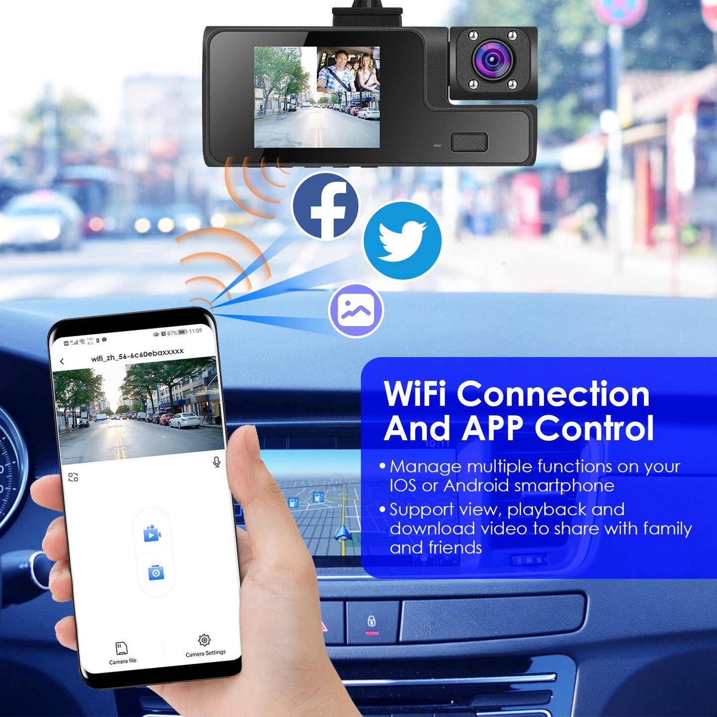 1Pc WiFi FHD 1080P Car Dash Cam – 3 Channels Front, Rear & Inside with Loop Recording & Reversing Visual - Dash Video Cameras | Buy Online in UK