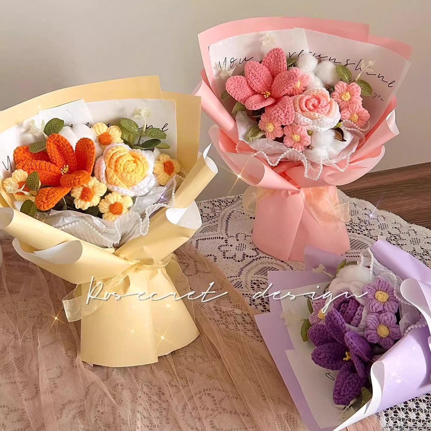 Rose and tulip knitted bouquet - Artificial Flowering Plants | Buy Online in UK