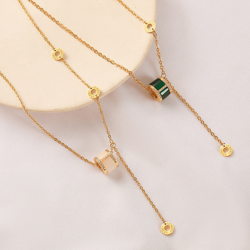 Cat's Eye Stone Tassel Titanium Steel Necklace