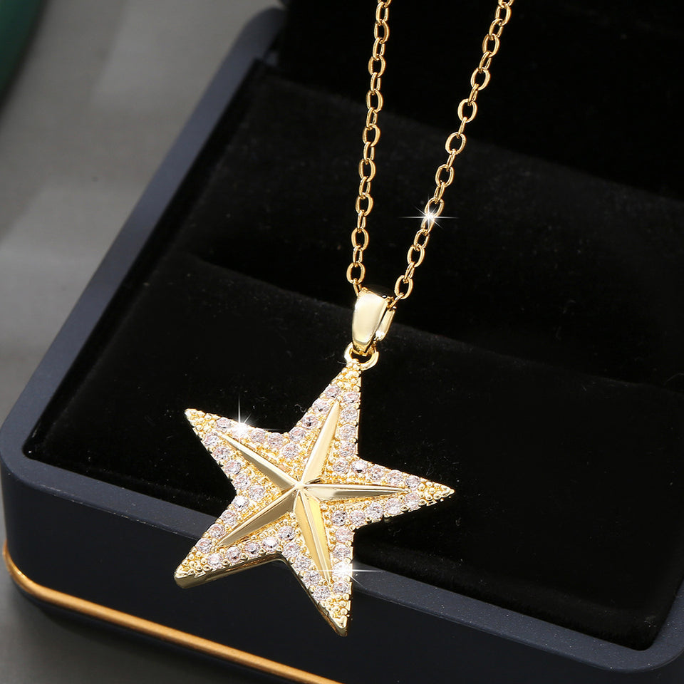 14K Micro-Set Zircon Five-Point Star Pendant Necklace