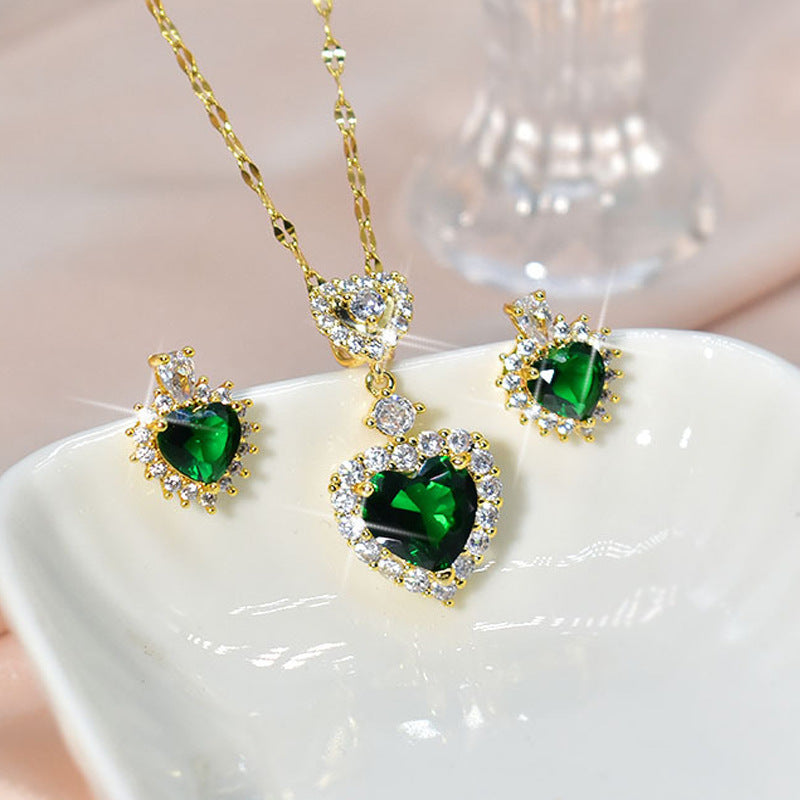 Women's Green Zircon Heart Set Necklace