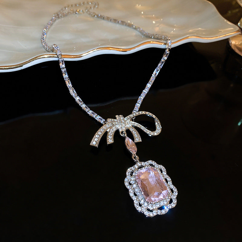 Zircon Square Bow Necklace Earring Set