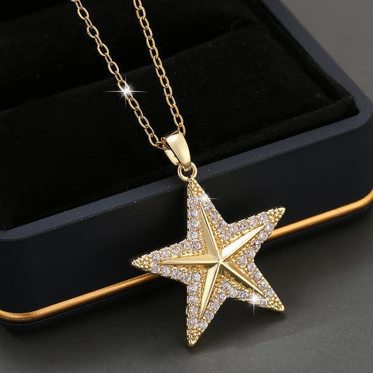 14K Micro-Set Zircon Five-Point Star Pendant Necklace