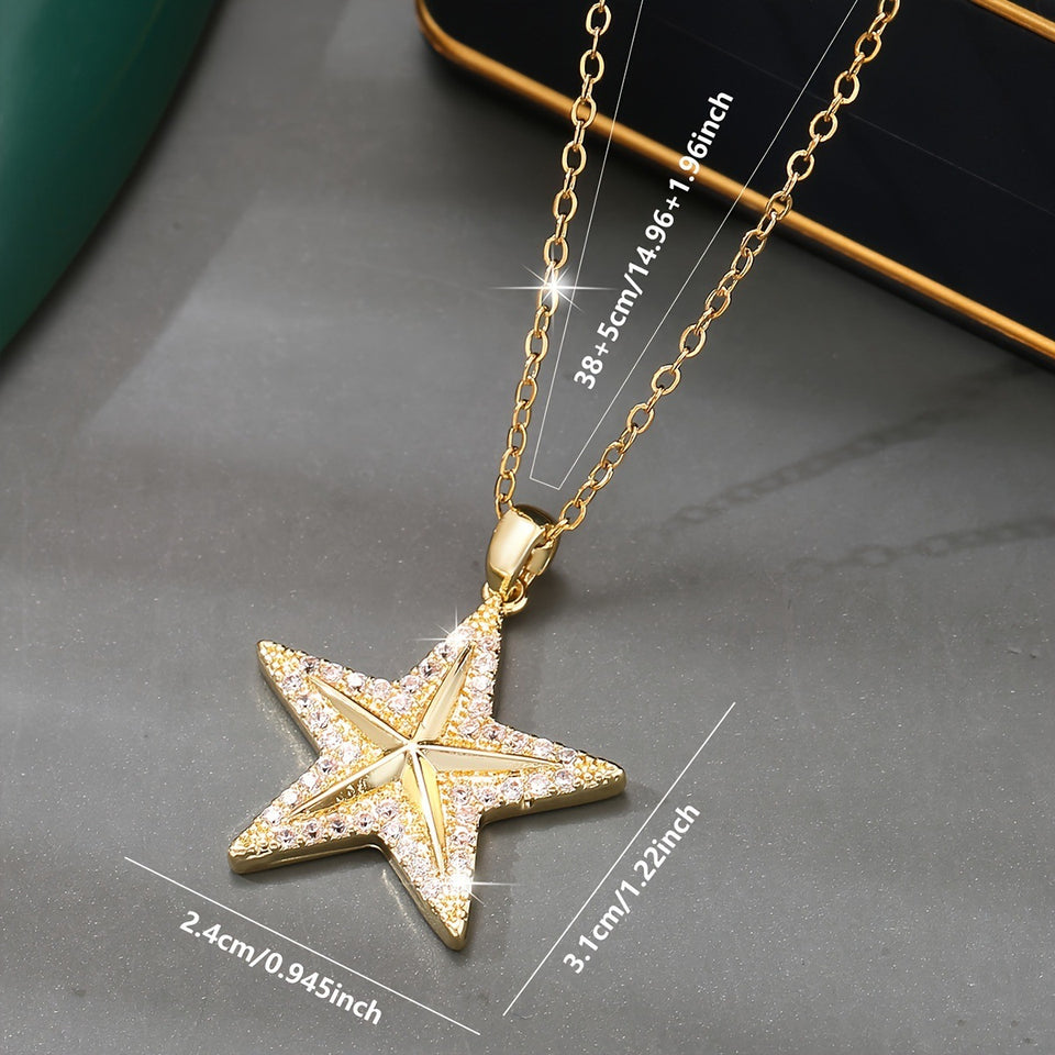 14K Micro-Set Zircon Five-Point Star Pendant Necklace