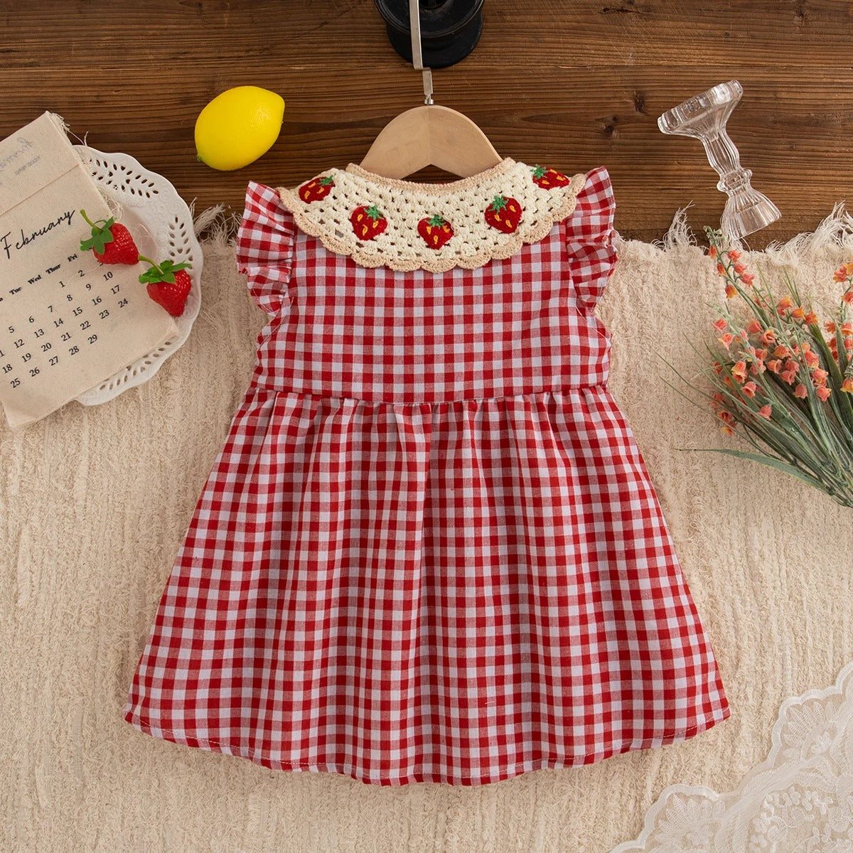 Cute Baby Girl Summer Dress  Red Checkered Cotton Strawberry Lapel Beach Outfit