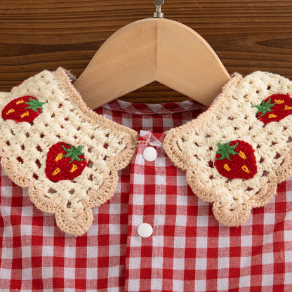 Cute Baby Girl Summer Dress  Red Checkered Cotton Strawberry Lapel Beach Outfit