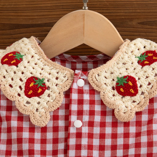 Cute Baby Girl Summer Dress  Red Checkered Cotton Strawberry Lapel Beach Outfit