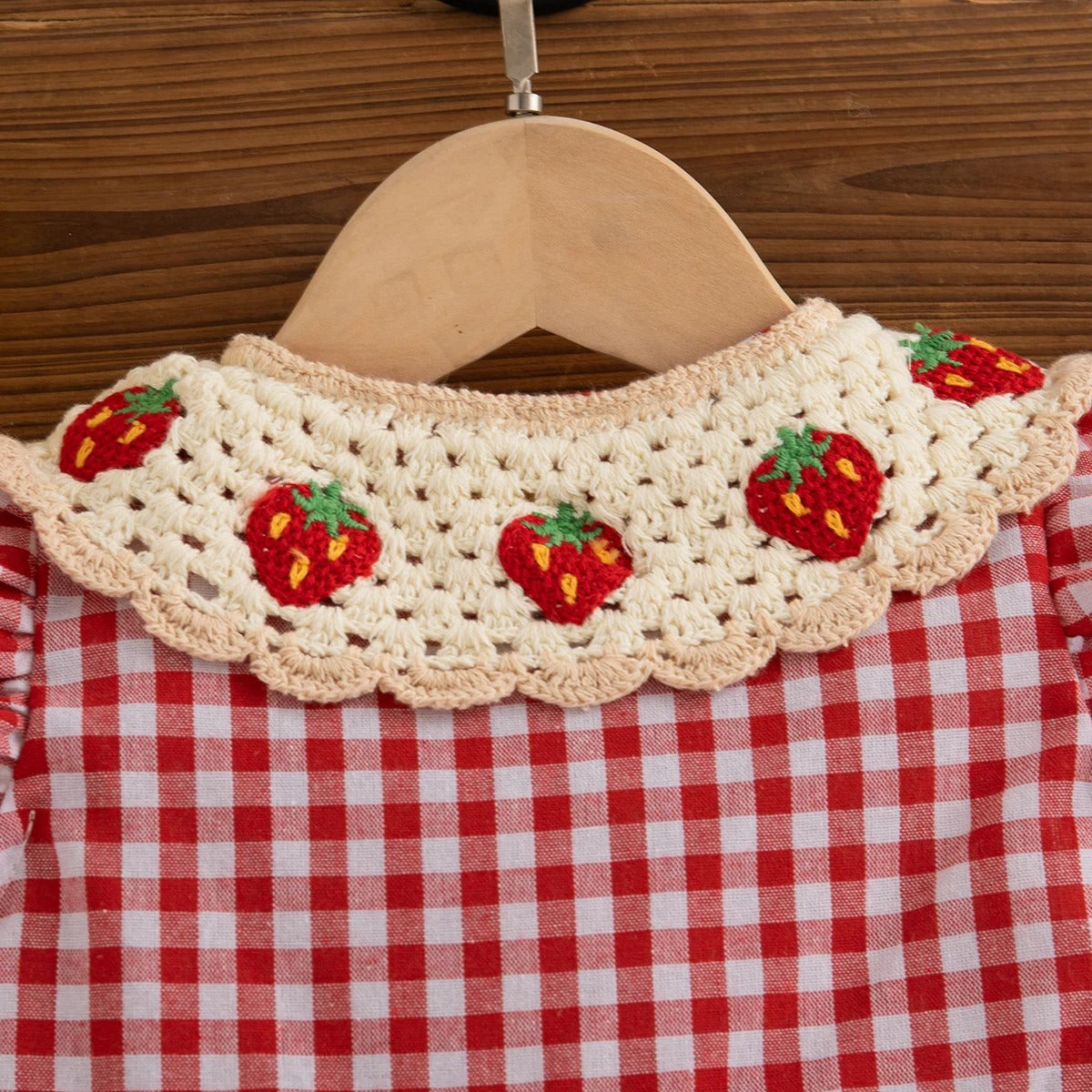 Cute Baby Girl Summer Dress  Red Checkered Cotton Strawberry Lapel Beach Outfit