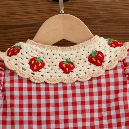 Cute Baby Girl Summer Dress  Red Checkered Cotton Strawberry Lapel Beach Outfit