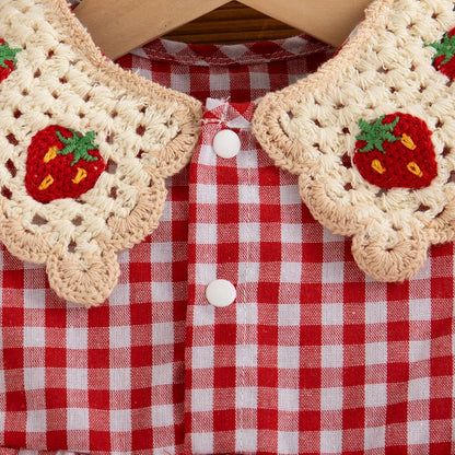 Cute Baby Girl Summer Dress  Red Checkered Cotton Strawberry Lapel Beach Outfit