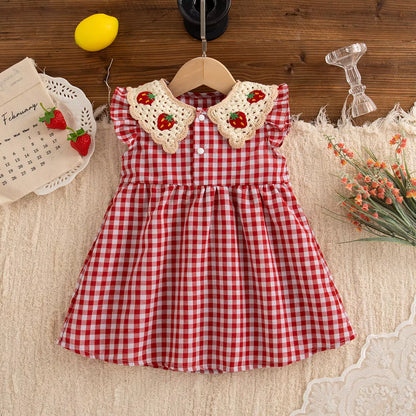 Cute Baby Girl Summer Dress  Red Checkered Cotton Strawberry Lapel Beach Outfit